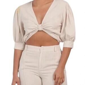 Young Fabulous & Broke (YFB) Linen-Blend Natural Beige Knot Top - L